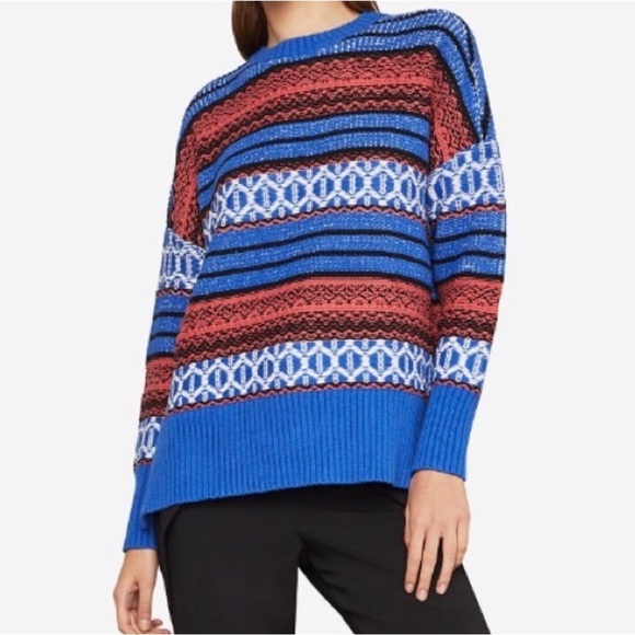 BCBG Max Azria Oversized High Low Jacquard Sweater Electric Blue Combo Sweater L - Picture 1 of 8